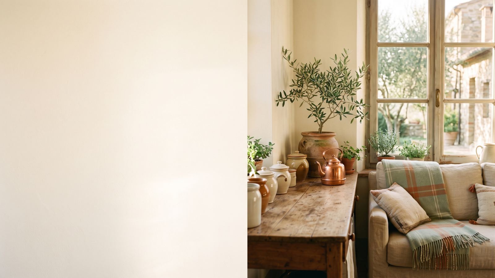Angolo di una casa italiana con luce del tardo pomeriggio: parete chiara, tavolo in legno con vasi di ceramica e rame, ulivo in vaso di terracotta e divano in lino accanto alla finestra