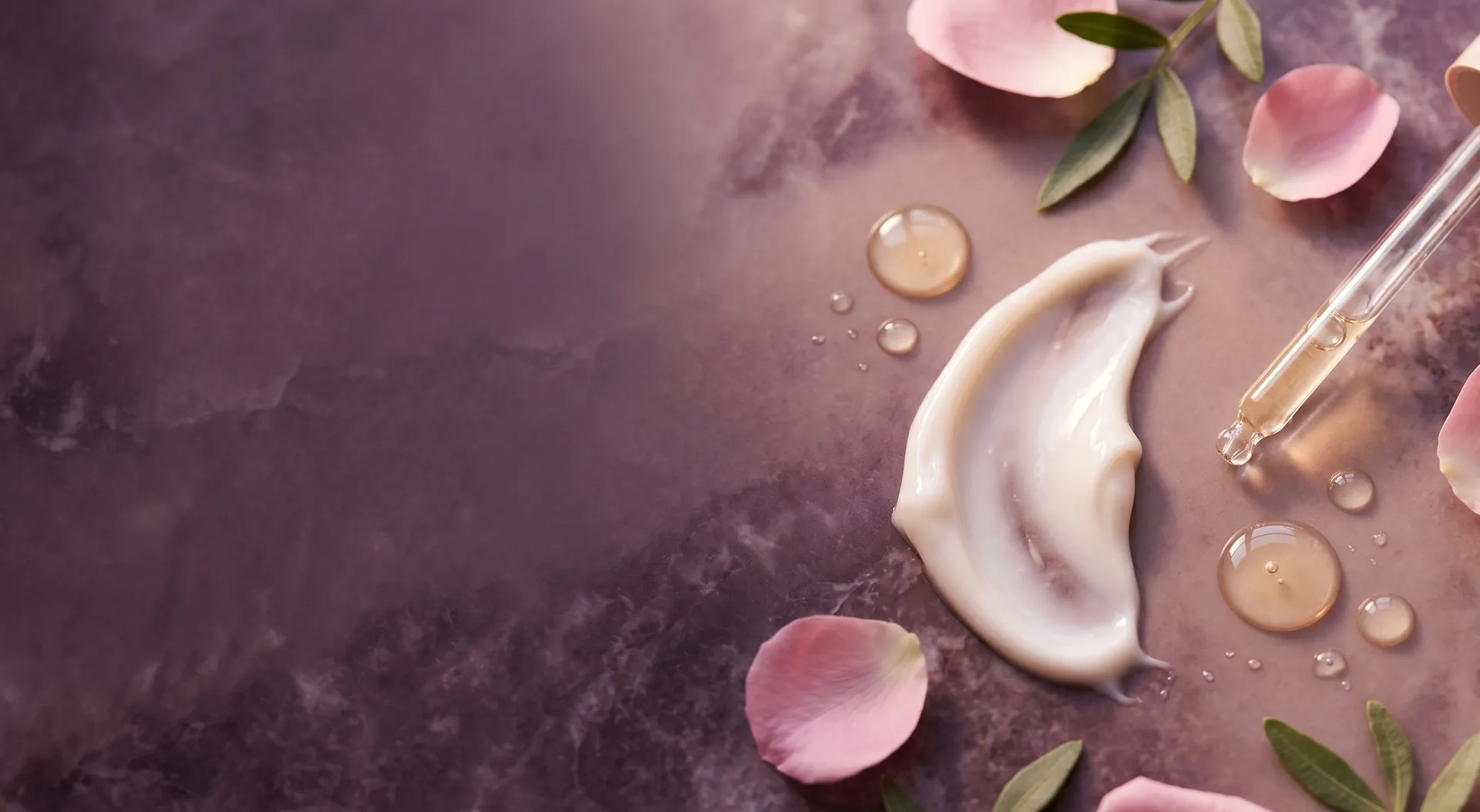 Crema viso, siero dorato e petali di rosa su sfondo prugna — l'estetica skincare di Gloora