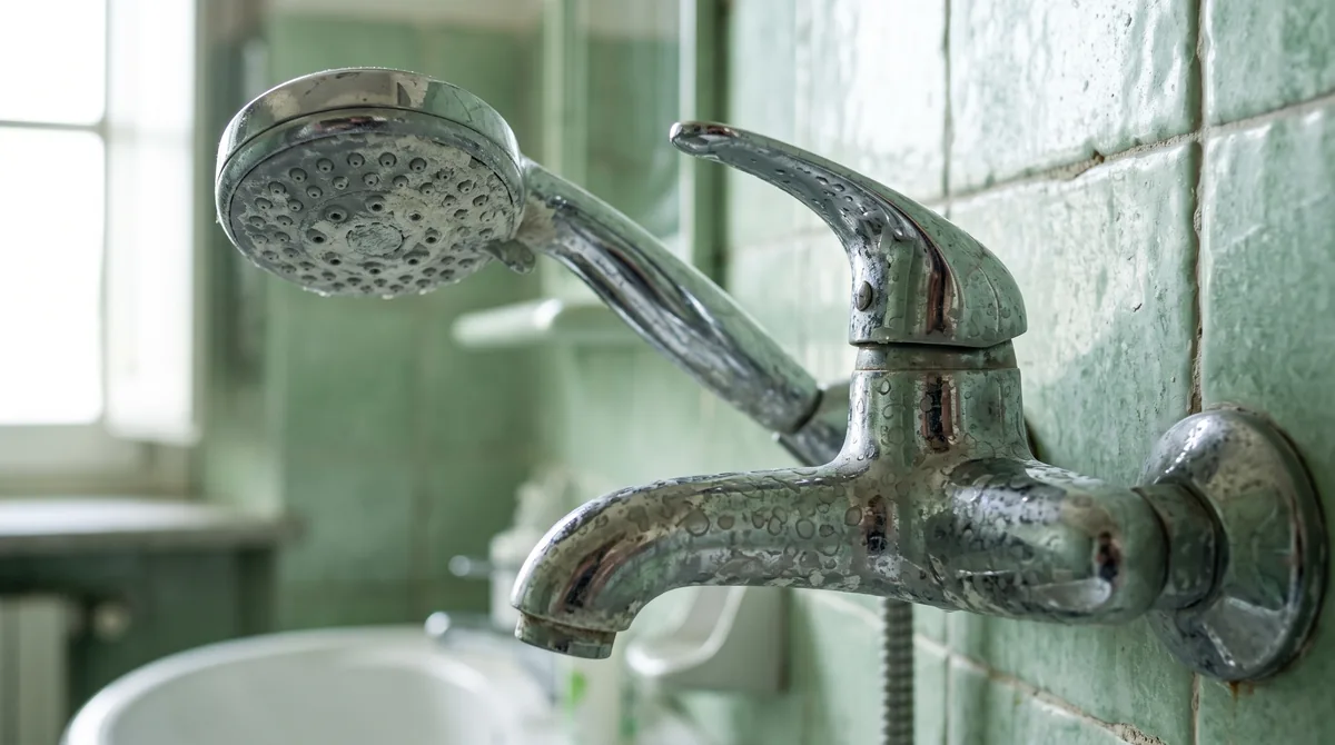 Addolcitore d’acqua cabinato installato in un locale tecnico, con il tino del sale aperto e la valvola di comando in vista
