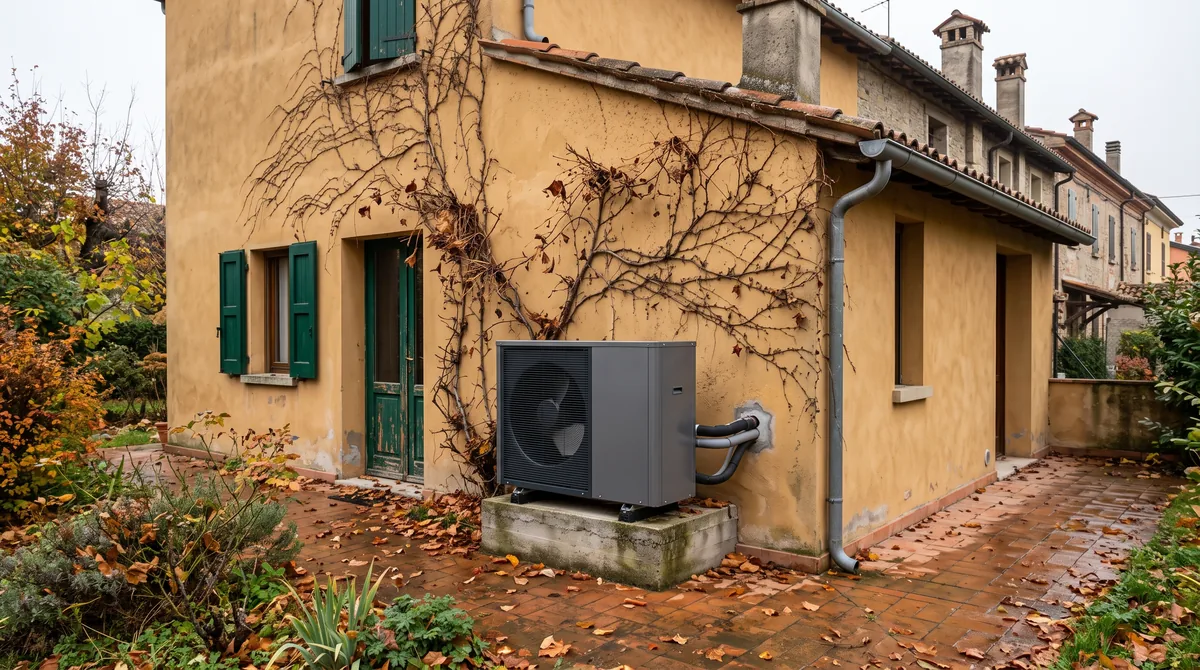 Unità esterna di una pompa di calore aria-acqua accanto a una caldaia a condensazione murale in un locale tecnico