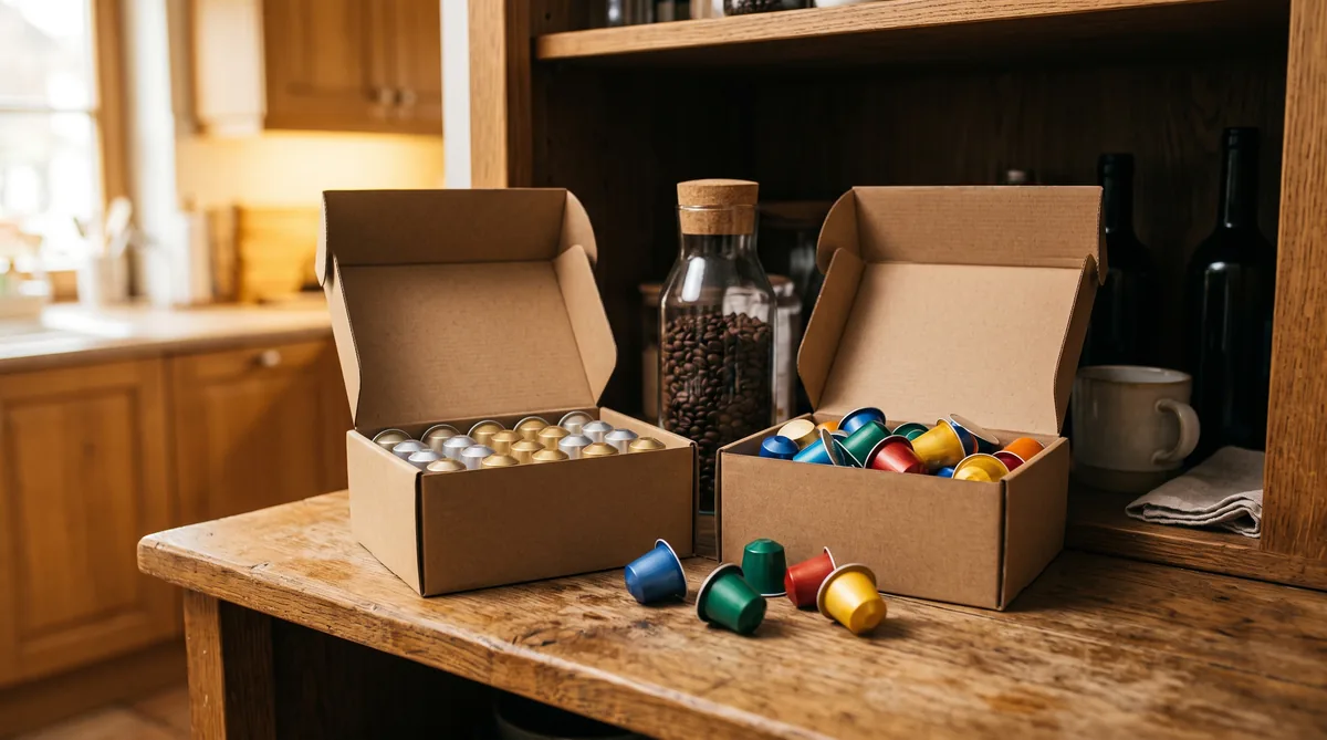 Capsule di caffè compatibili in alluminio e in plastica accanto a una capsula originale davanti a una macchina espresso domestica
