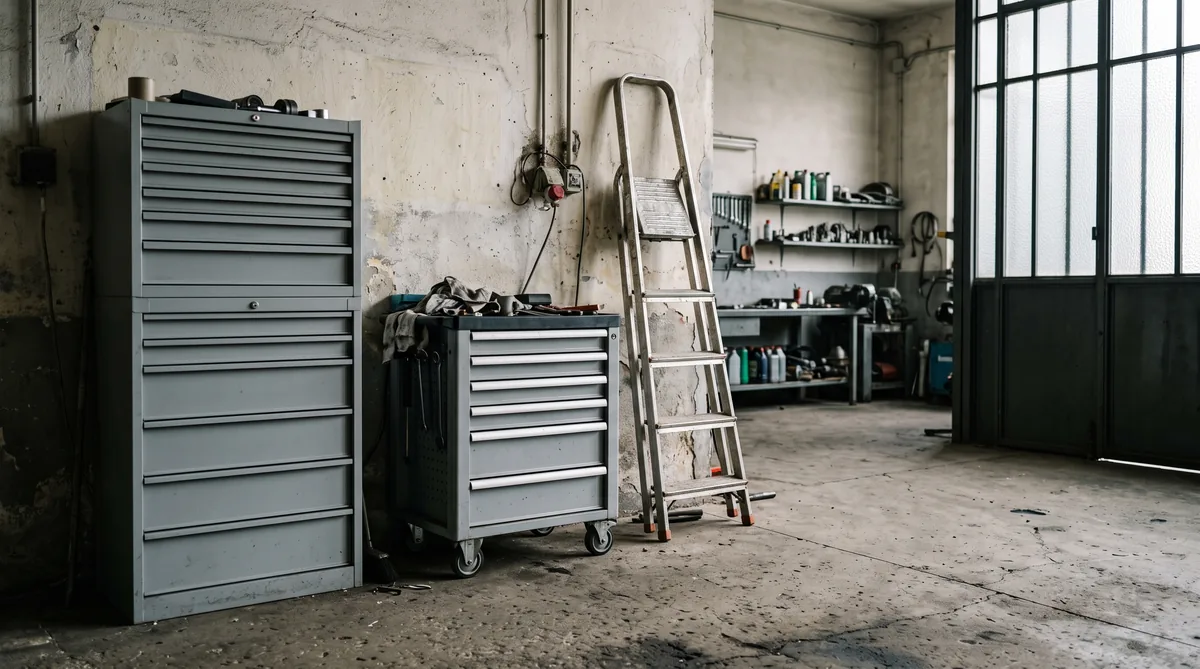 Carrello porta attrezzi con cassetti aperti accanto a un armadio da officina a due ante in un garage domestico