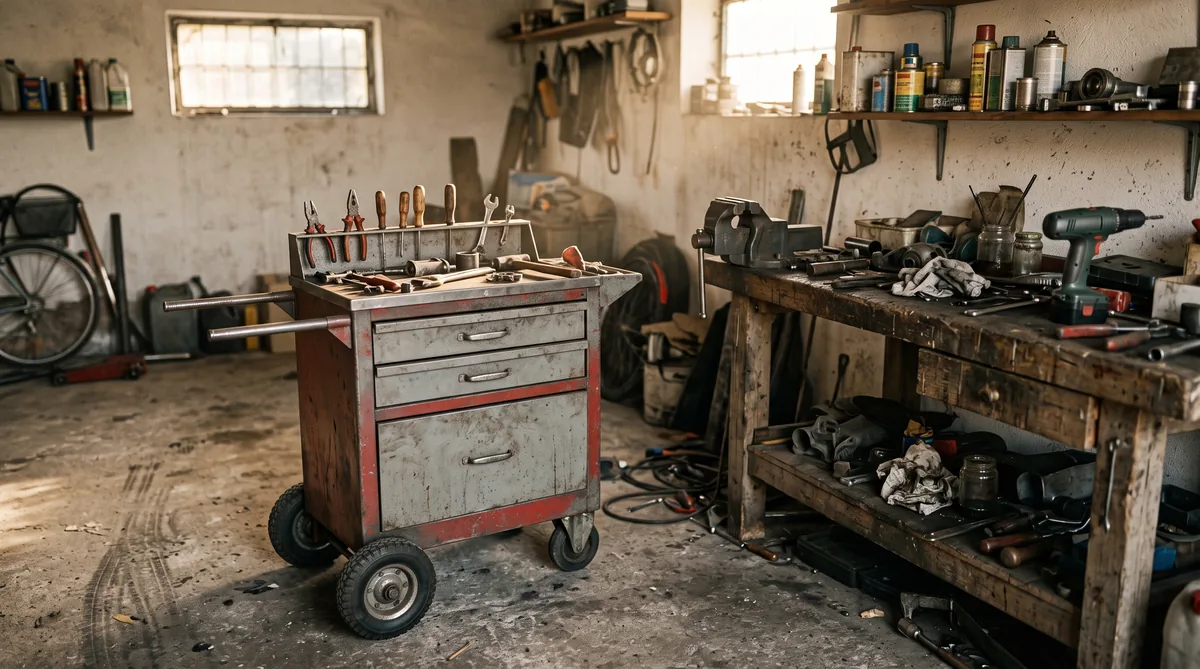 Carrello porta attrezzi in acciaio a sei cassetti in un garage, con un cassetto basso aperto e le chiavi in ordine
