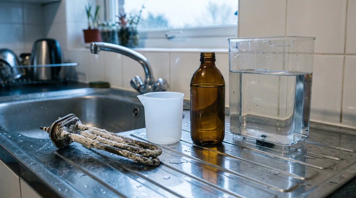 Serbatoio di una macchina da caffè automatica riempito con soluzione decalcificante durante il ciclo di manutenzione