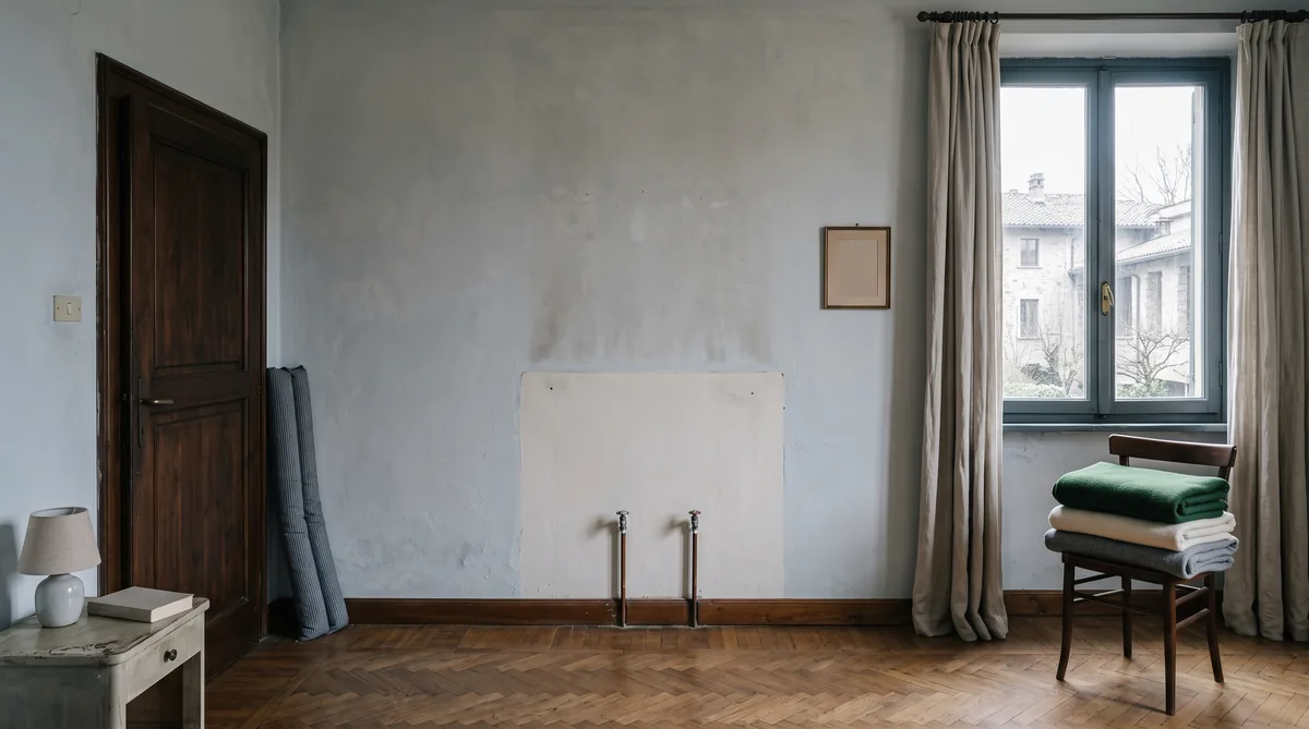Stanza senza termosifone con stufa elettrica accesa vicino alla finestra e paraspifferi appoggiato sotto la porta
