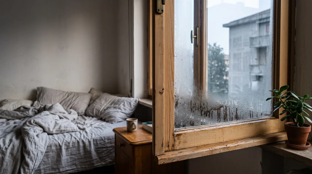 Vetro di una finestra di camera da letto coperto di condensa al mattino, con le gocce che scendono verso il telaio