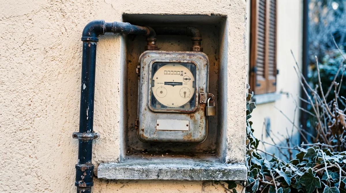 Caldaia a condensazione murale con display della temperatura di mandata accanto al contatore del gas domestico
