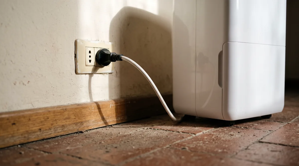Deumidificatore portatile acceso in un soggiorno accanto alla presa di corrente e al contatore elettrico domestico
