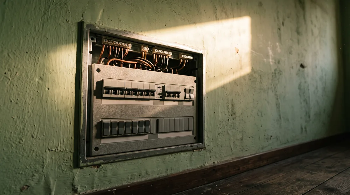 Scaldabagno elettrico ad accumulo a parete con termostato regolabile e contatore elettrico domestico sullo sfondo