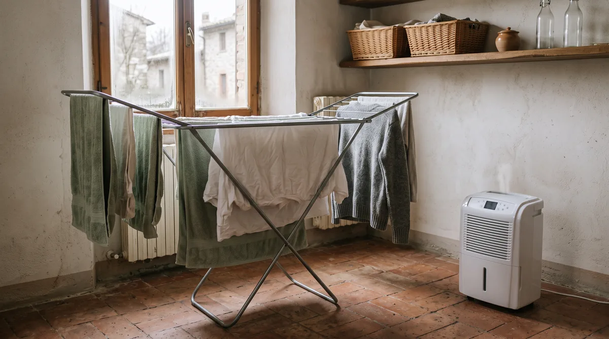 Deumidificatore acceso in una piccola stanza chiusa accanto a uno stendino con il bucato steso d’inverno