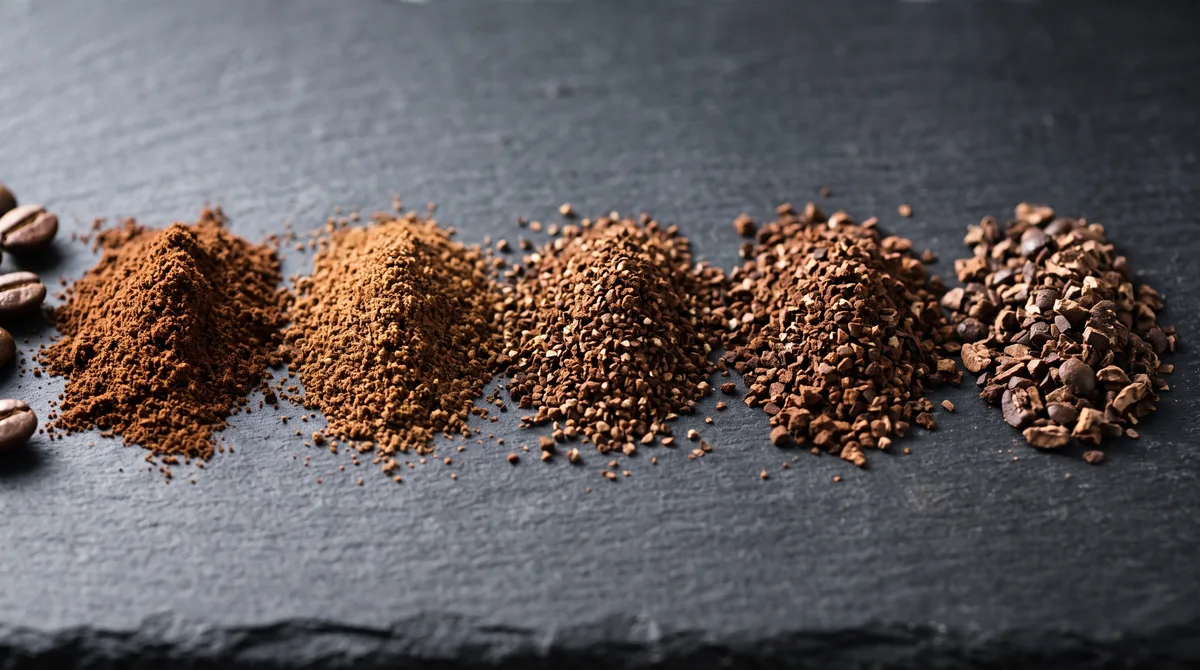 Tre mucchietti di caffè macinato a granulometrie diverse su un piano di lavoro, dal finissimo per espresso al grossolano per french press