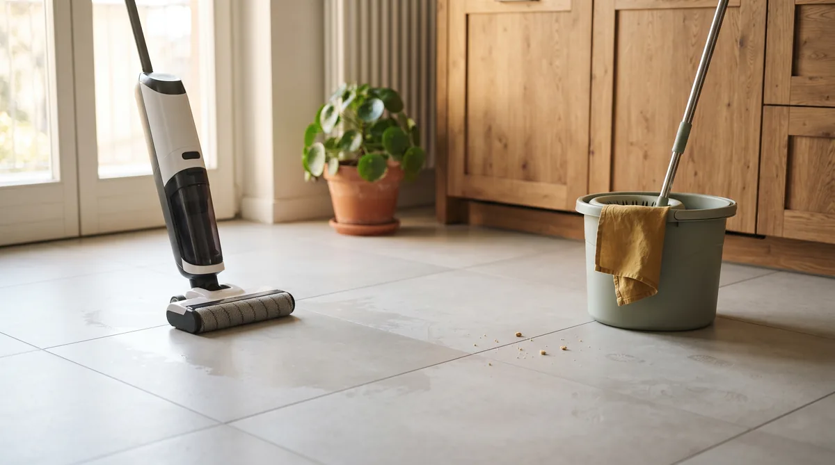 Lavapavimenti senza fili accanto a un mocio con secchio strizzatore sul pavimento in gres di una cucina