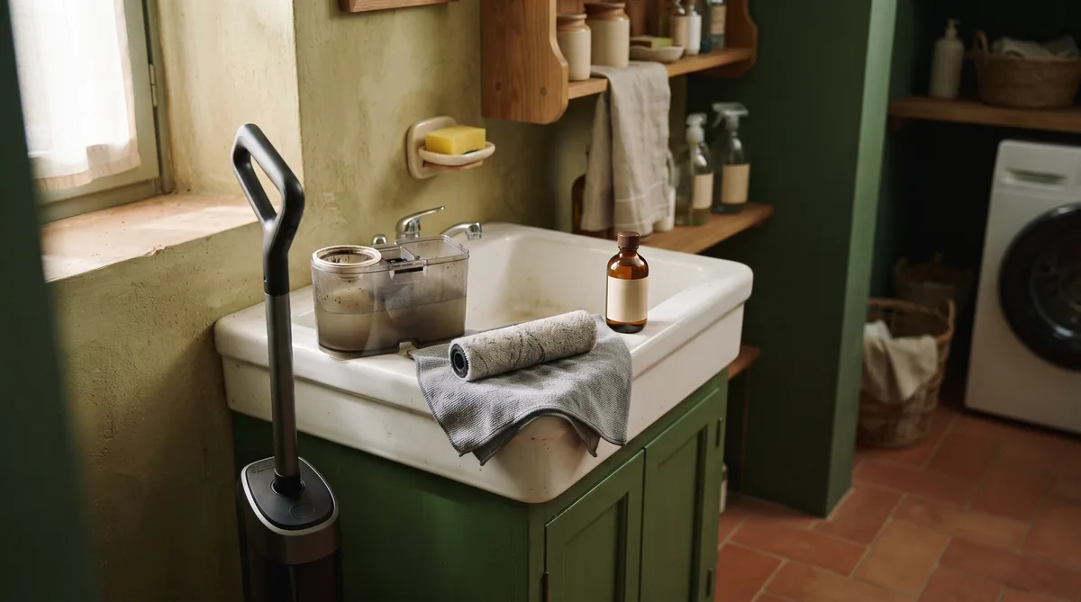 Lavapavimenti senza fili in cucina con rullo estratto, serbatoio dell’acqua sporca aperto e filtro messo ad asciugare