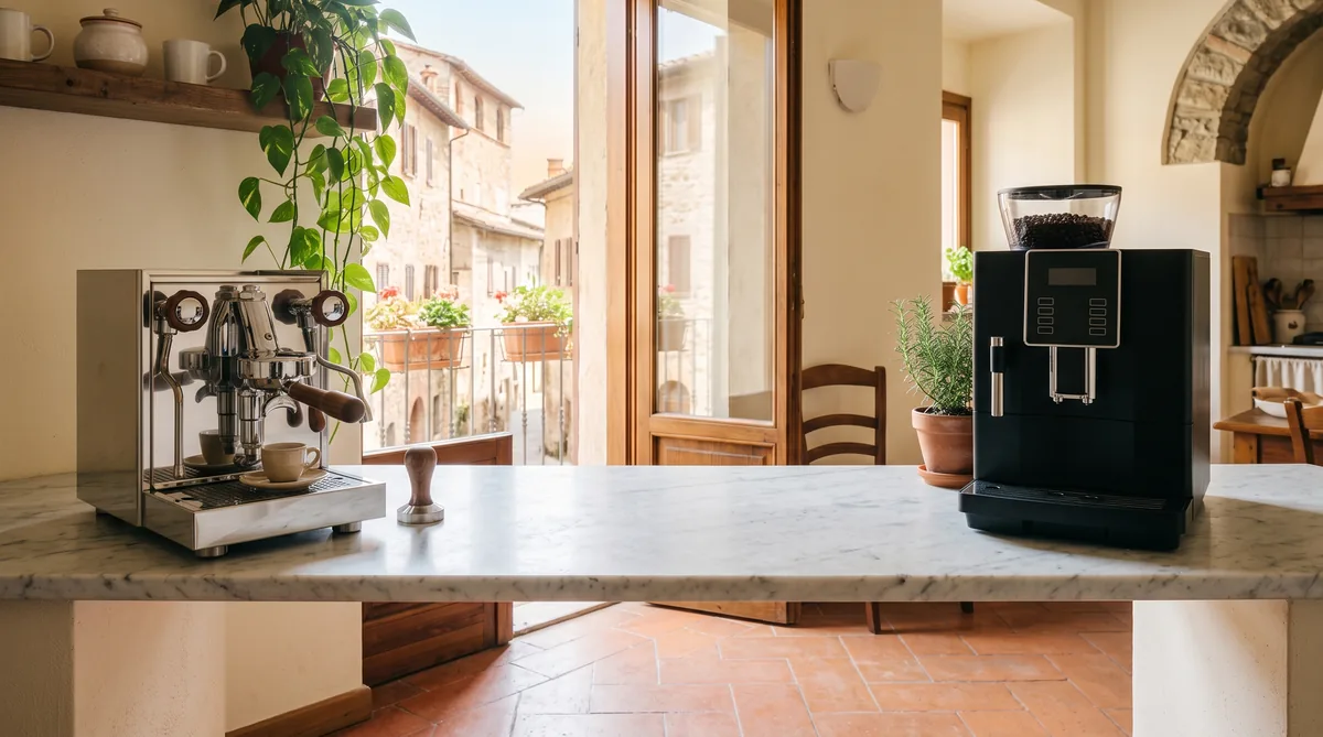 Macchina da caffè con portafiltro e macchina automatica a chicchi affiancate sul piano di lavoro di una cucina