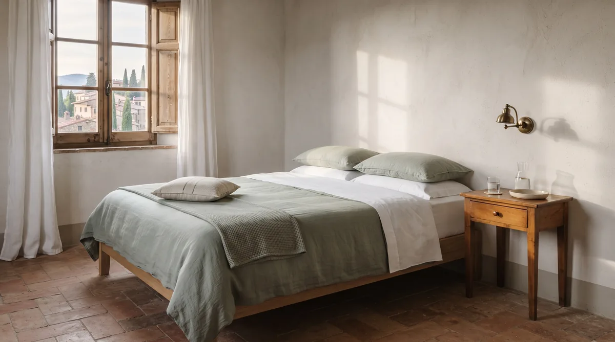 Camera da letto italiana al mattino, letto matrimoniale rifatto con guanciali bassi e un cuscino in più ai piedi