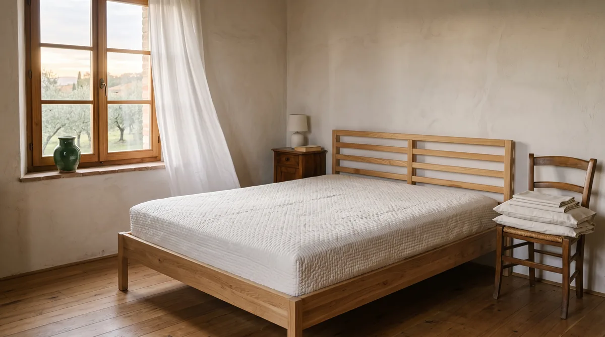Materasso matrimoniale bianco su letto in legno chiaro in una camera luminosa con finestra affacciata sulla campagna