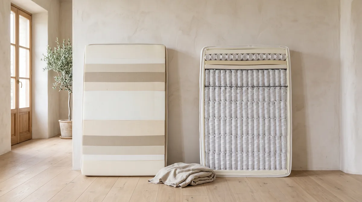 Sezione di due materassi affiancati, uno in memory foam e uno a molle insacchettate con i sacchetti in tessuto visibili