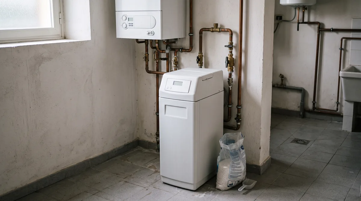 Addolcitore d’acqua cabinato in un locale tecnico, con bypass, tubo di scarico e sacco di sale in pastiglie