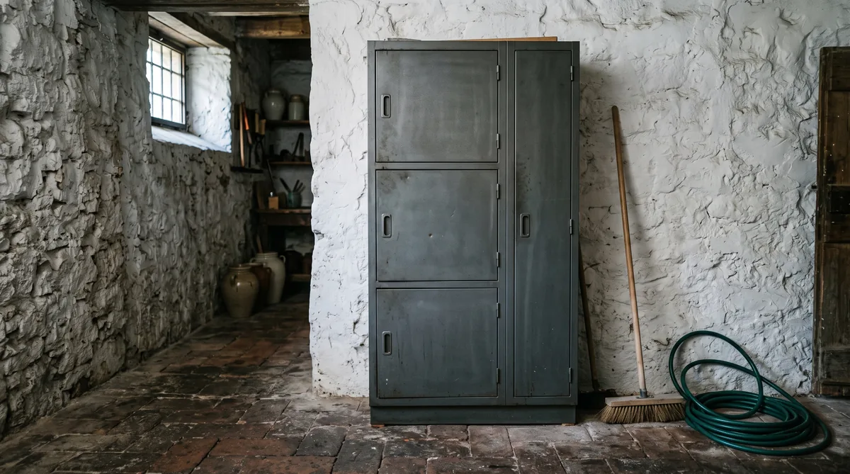 Armadio porta attrezzi da officina in lamiera verniciata con ante aperte e ripiani pieni di utensili in un garage