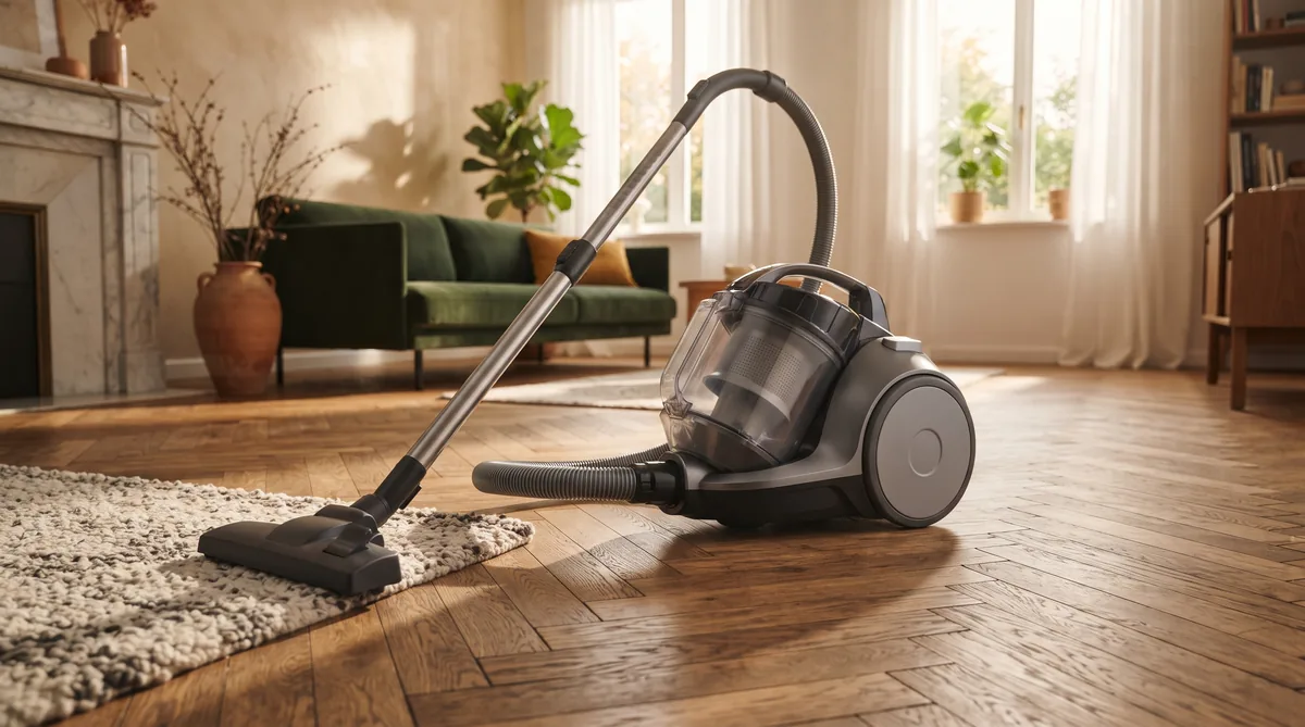 Aspirapolvere a traino senza sacco con contenitore trasparente sul parquet di un soggiorno, tubo e spazzola accanto