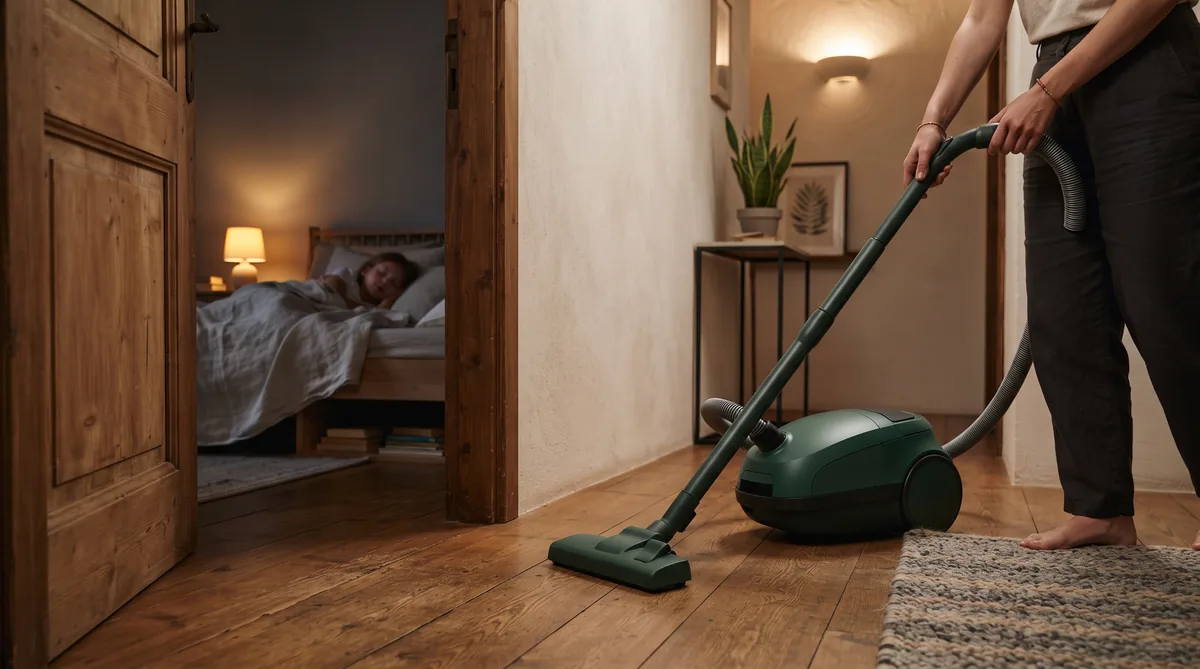 Aspirapolvere a traino con sacco usato di sera nel corridoio con parquet, davanti alla camera dove dorme una persona