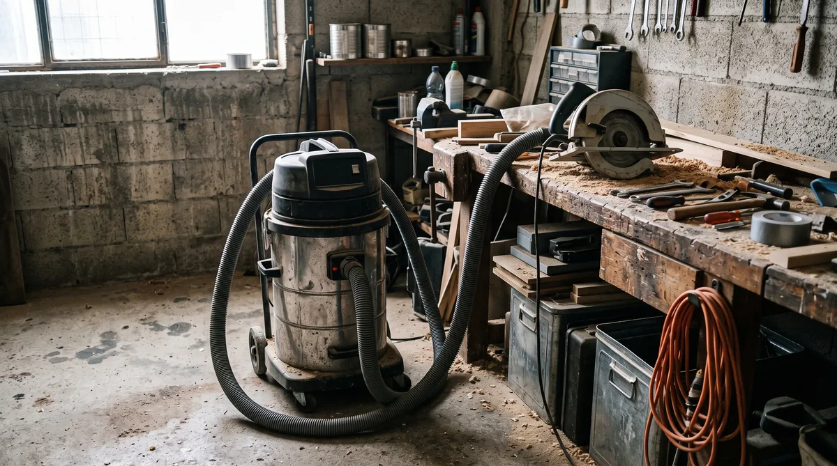 Bidone aspiratutto al lavoro in un garage: raccoglie trucioli e acqua da un pavimento in cemento