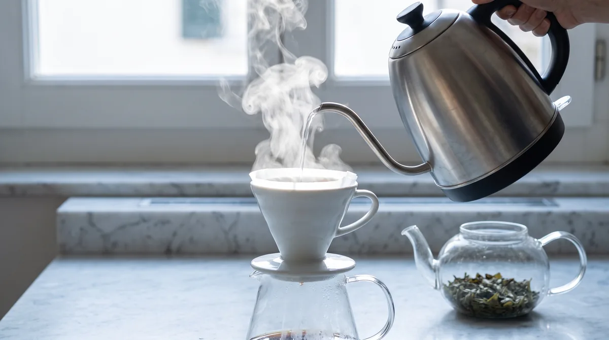 Bollitore elettrico con display digitale della temperatura accanto a una teiera in vetro e foglie di tè verde