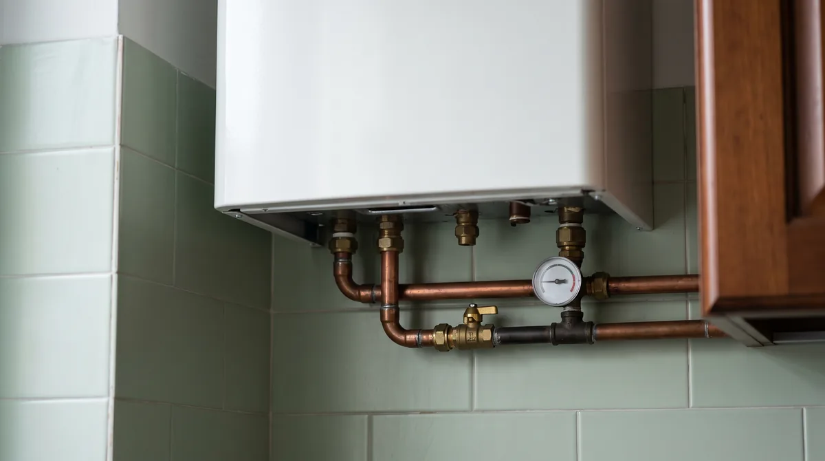Caldaia murale a condensazione da 24 kW appesa in un vano tecnico, con attacchi idraulici, gas e scarico fumi in vista