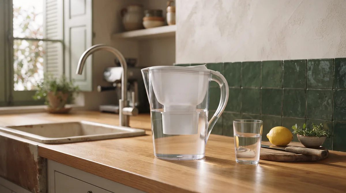 Caraffa filtrante piena d’acqua su un piano di cucina, con la cartuccia nell’imbuto e un bicchiere accanto