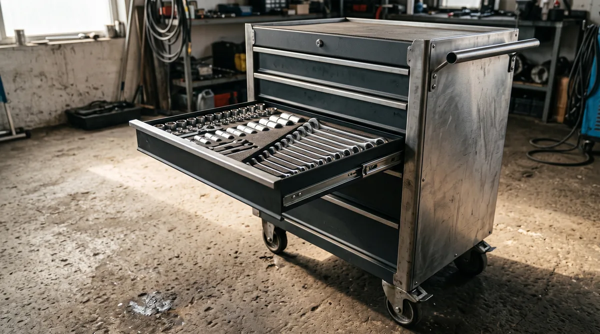 Carrello porta attrezzi in metallo a più cassetti in un garage, con cassetto aperto e chiavi ordinate all’interno