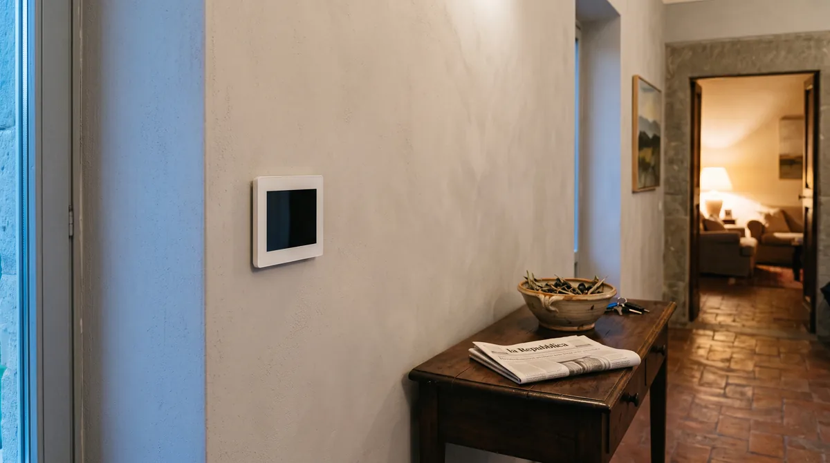 Cronotermostato Wi-Fi a parete accanto ai due fili del vecchio termostato, con la caldaia murale sullo sfondo