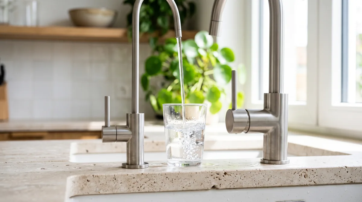 Impianto a osmosi inversa sottolavello installato nel mobile della cucina, con cartucce, tubi e rubinetto dedicato