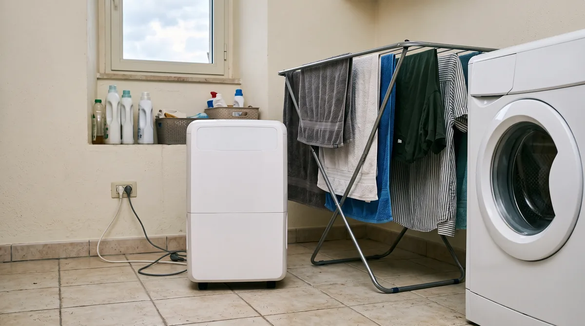 Deumidificatore portatile bianco acceso in un soggiorno accanto a uno stendibiancheria con il bucato steso ad asciugare