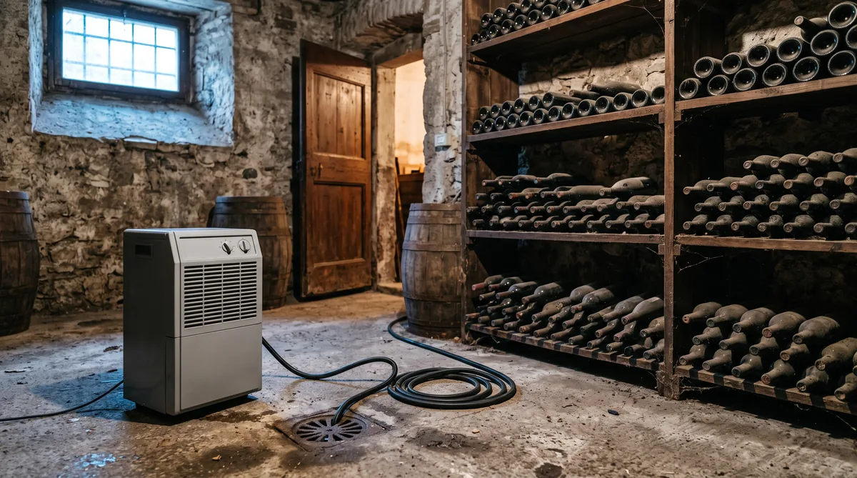 Deumidificatore ad adsorbimento acceso in una cantina fresca, fra scaffali e tubo di scarico della condensa