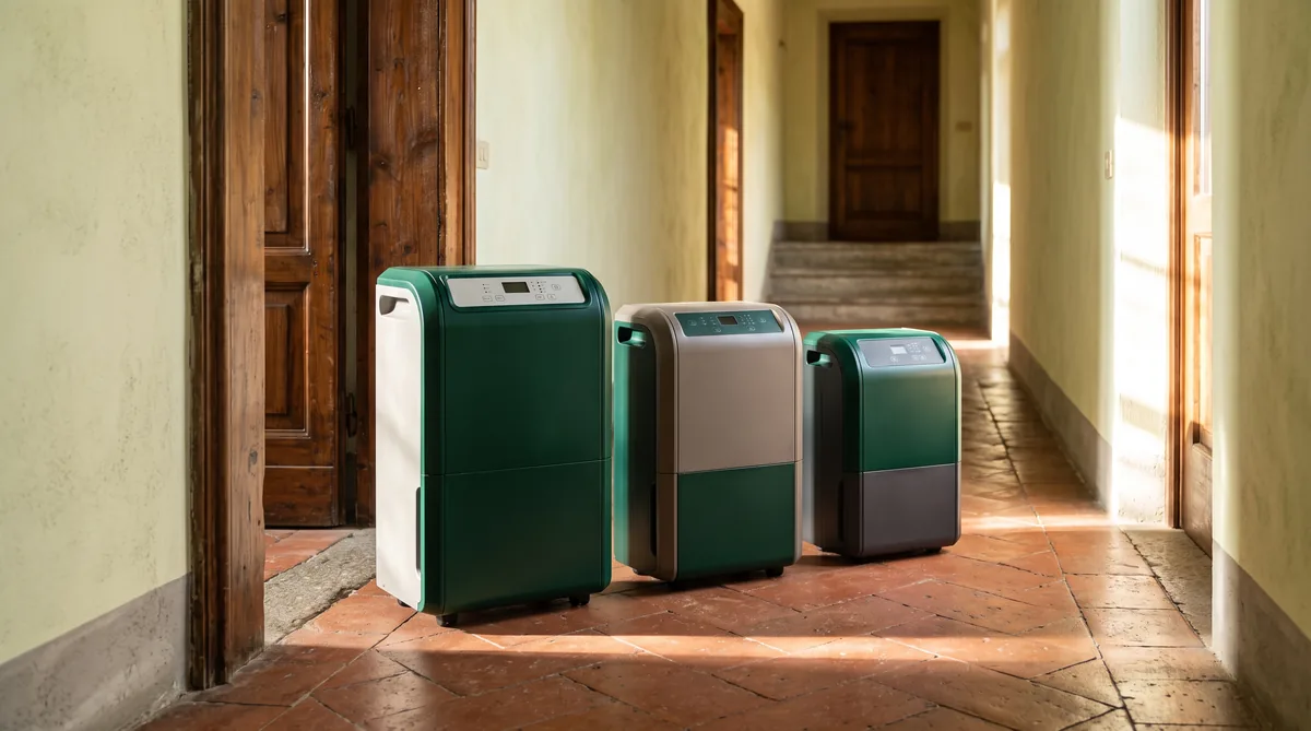 Deumidificatore portatile bianco acceso in un soggiorno, con la tanica della condensa estratta e appoggiata accanto