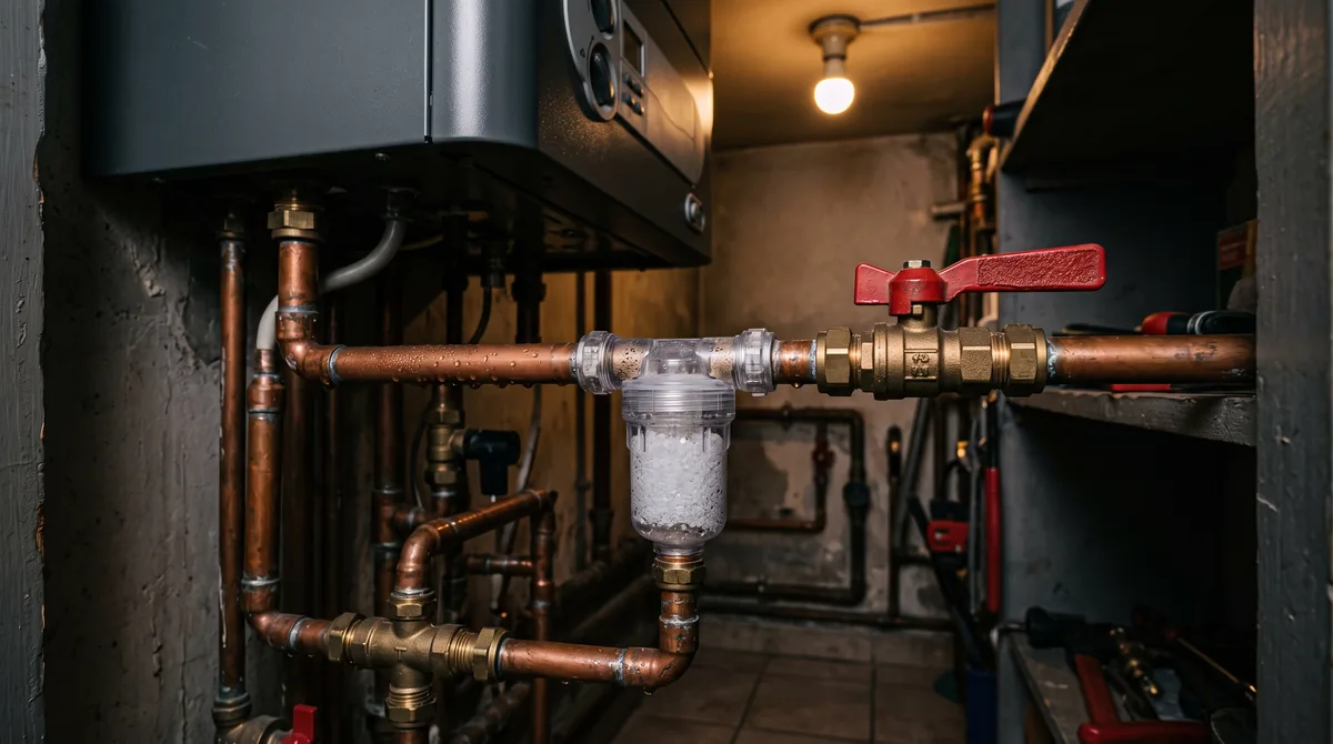 Dosatore di polifosfati con bicchiere trasparente montato sulla tubazione dell'acqua fredda sotto una caldaia murale