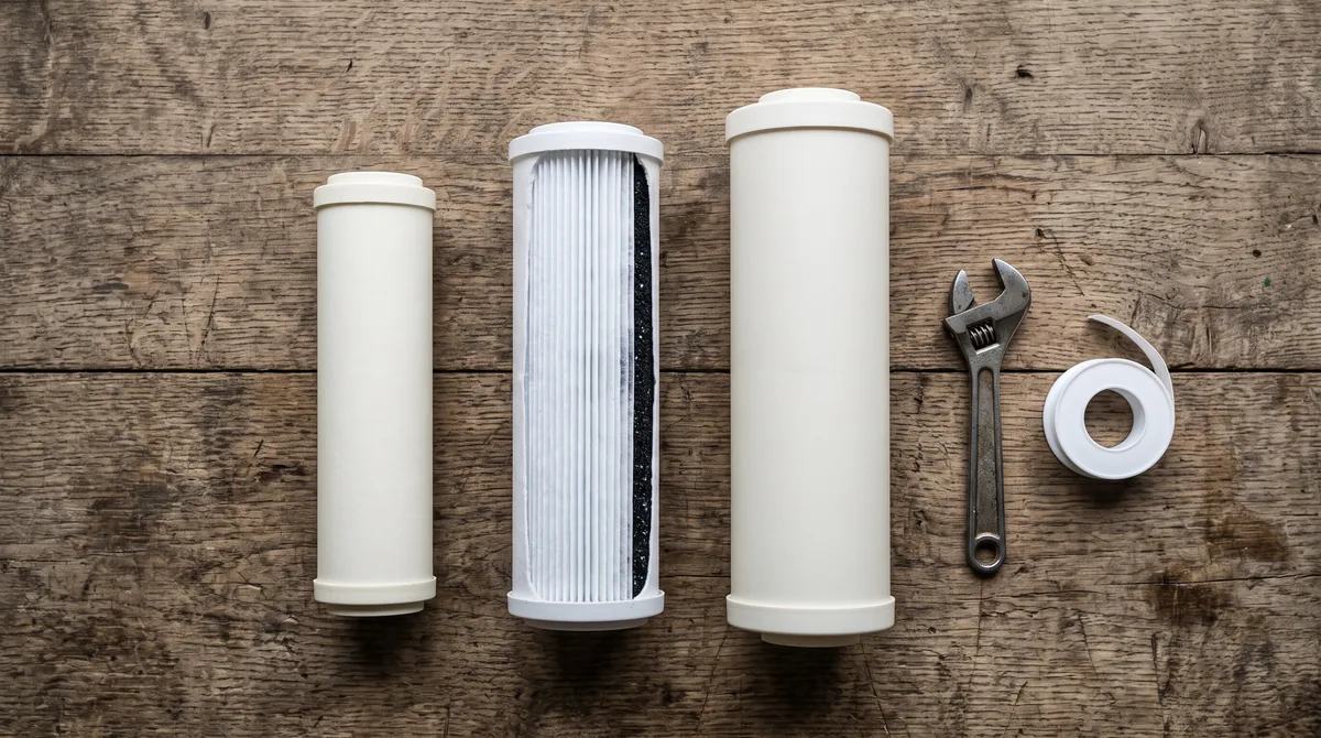 Filtro per acqua installato sotto il lavello della cucina, con cartuccia verticale e raccordi rapidi sulla tubazione dell’acqua fredda