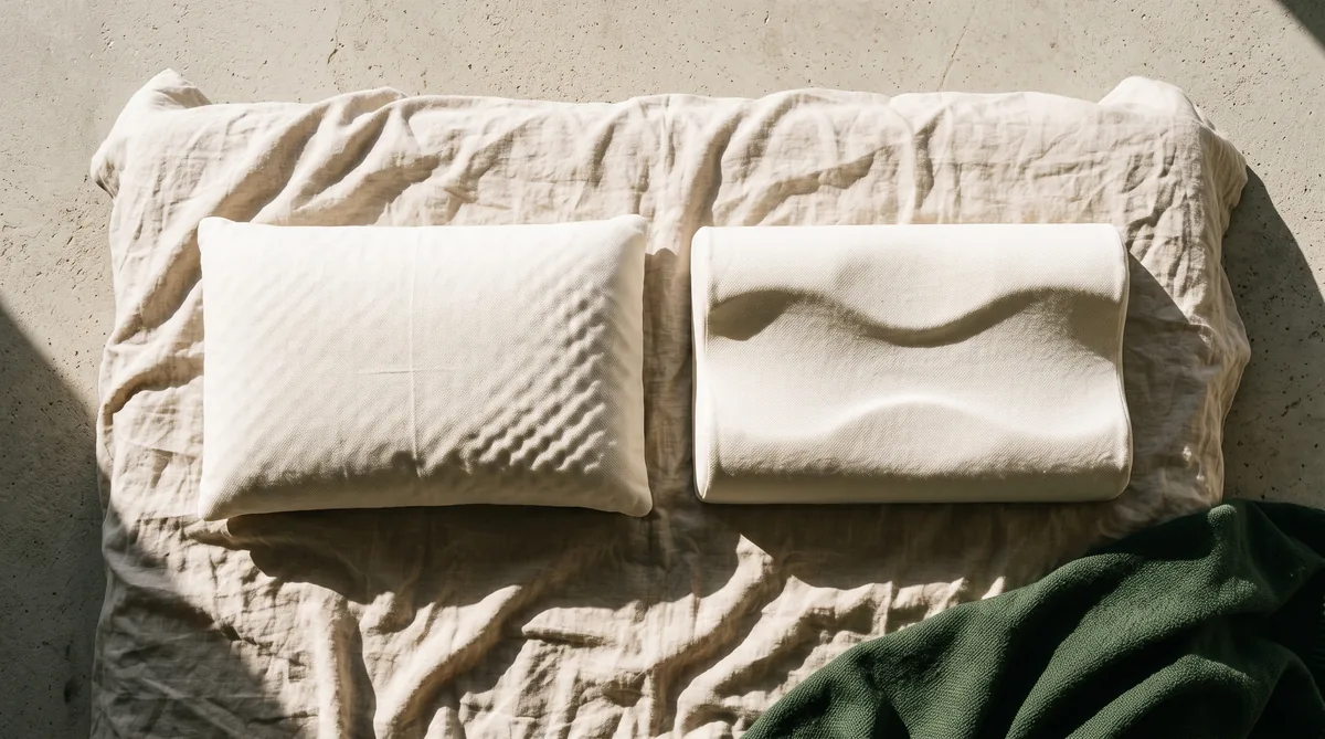 Guanciale in memory foam a saponetta con la fodera sfoderabile aperta sul lato, appoggiato su un letto