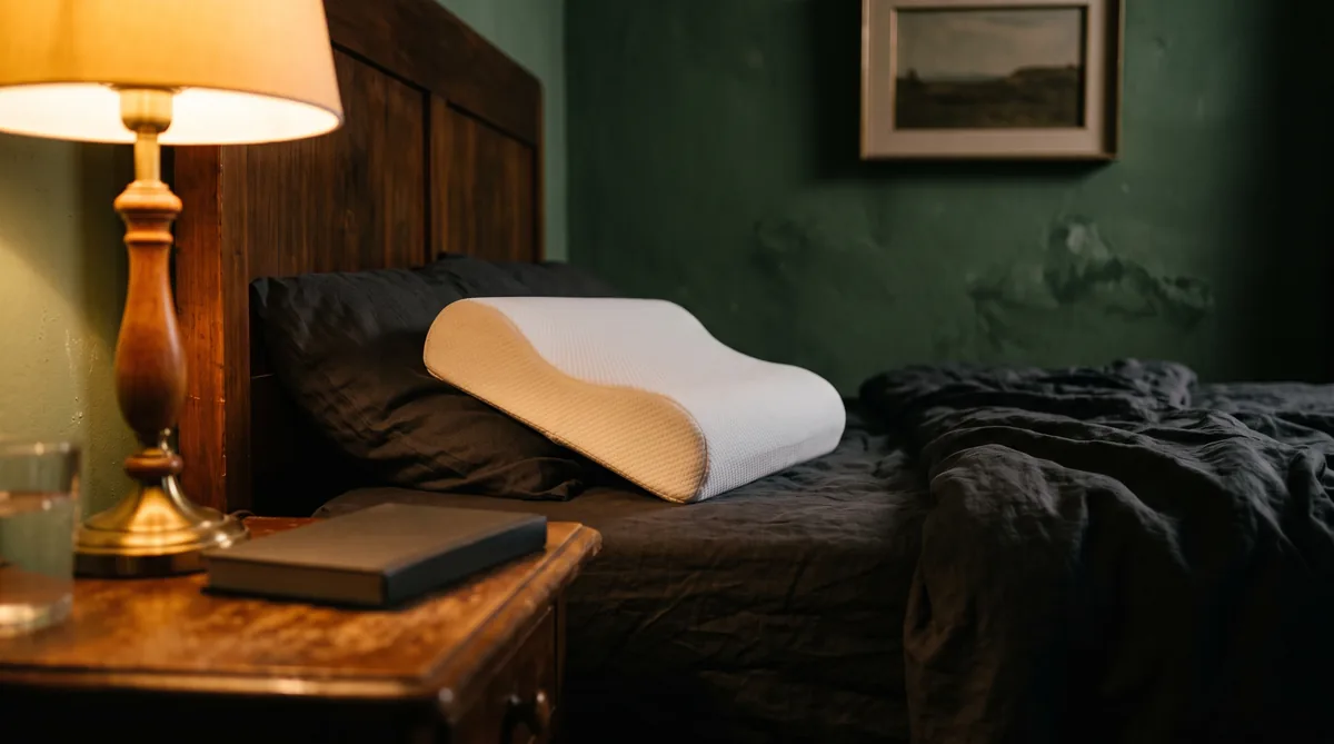 Guanciale cervicale in memory foam a doppia onda visto di profilo, con la nuca appoggiata nella conca centrale
