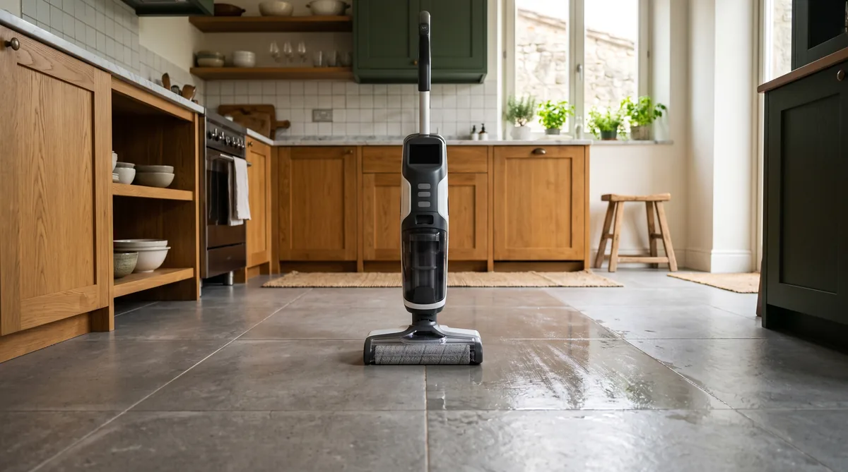Lavapavimenti elettrico senza fili appoggiato alla sua base di ricarica sul pavimento in gres di una cucina luminosa
