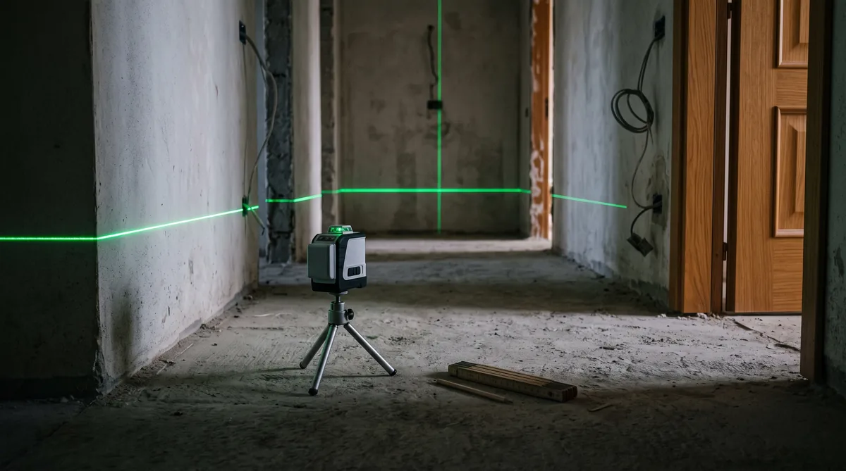 Livella laser autolivellante a 360 gradi su treppiede che proietta una linea verde su una parete di casa