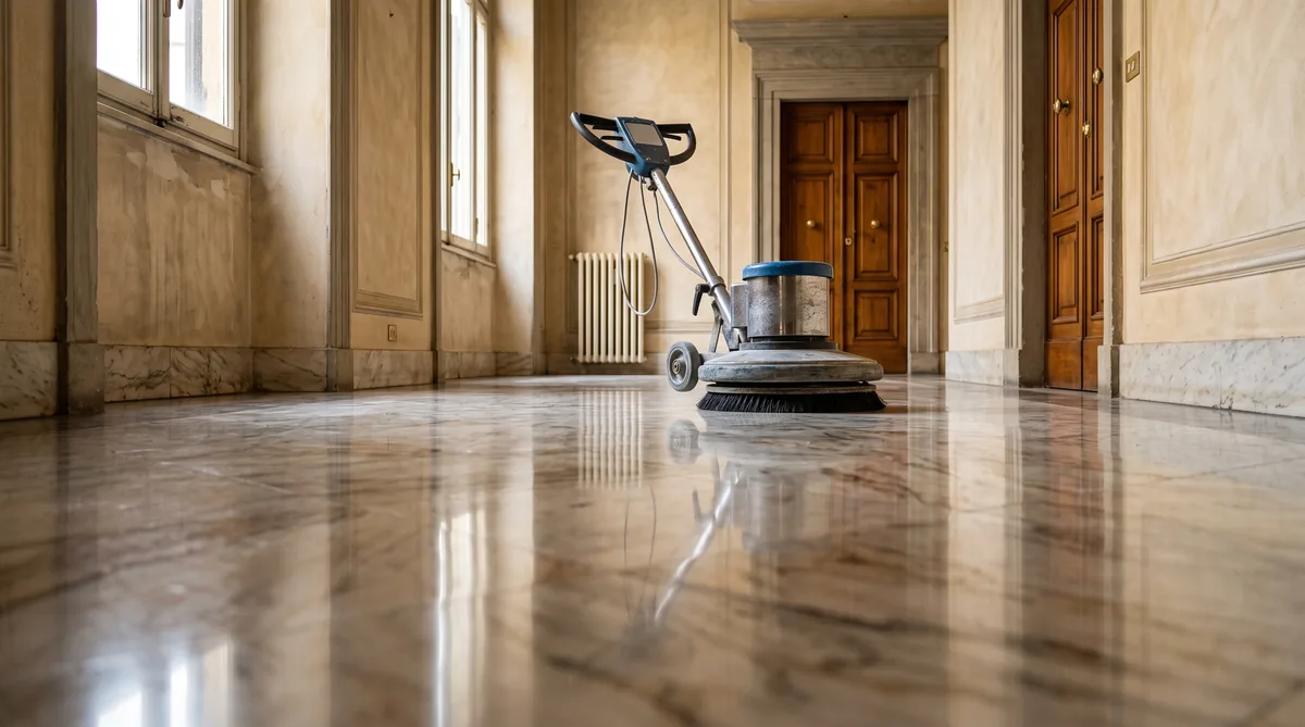 Lucidatrice monospazzola con disco largo al lavoro su un pavimento in marmo chiaro di un ingresso domestico