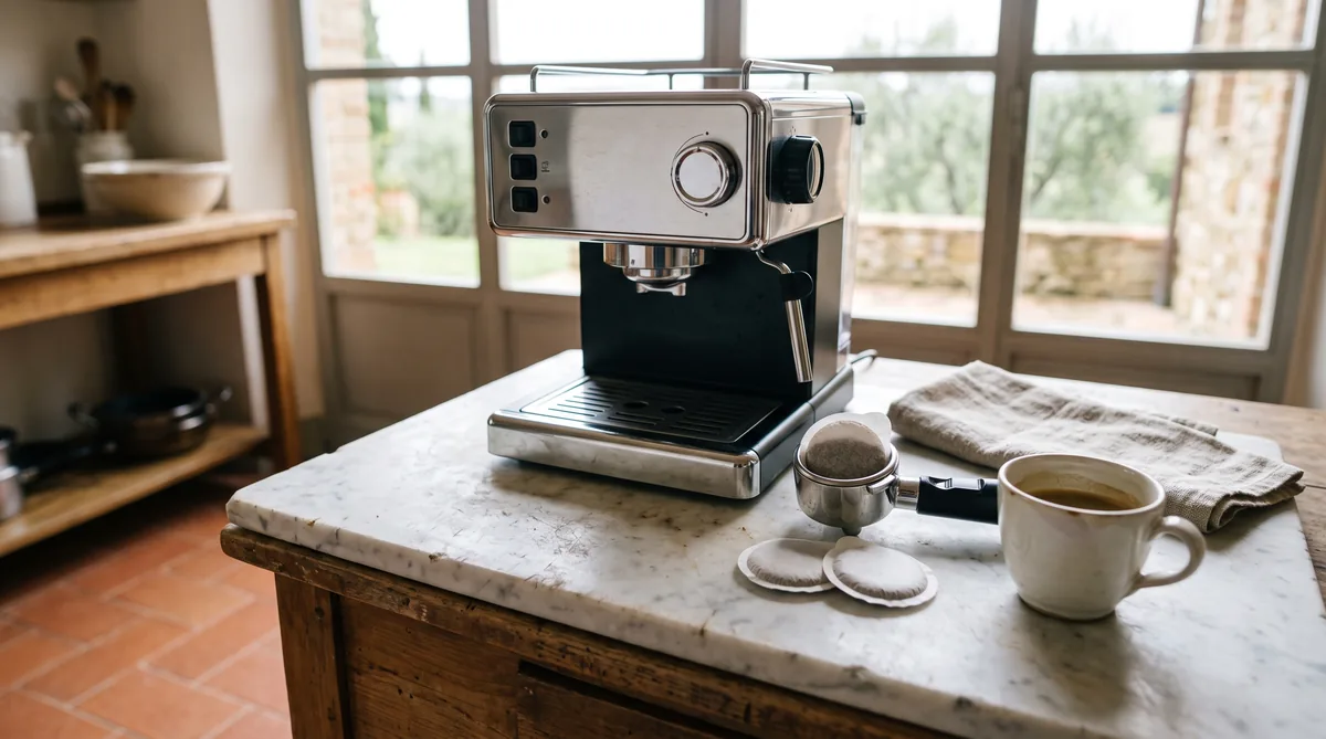 Macchina da caffè espresso a cialde E.S.E. con una cialda in carta da 44 mm accanto alla tazzina