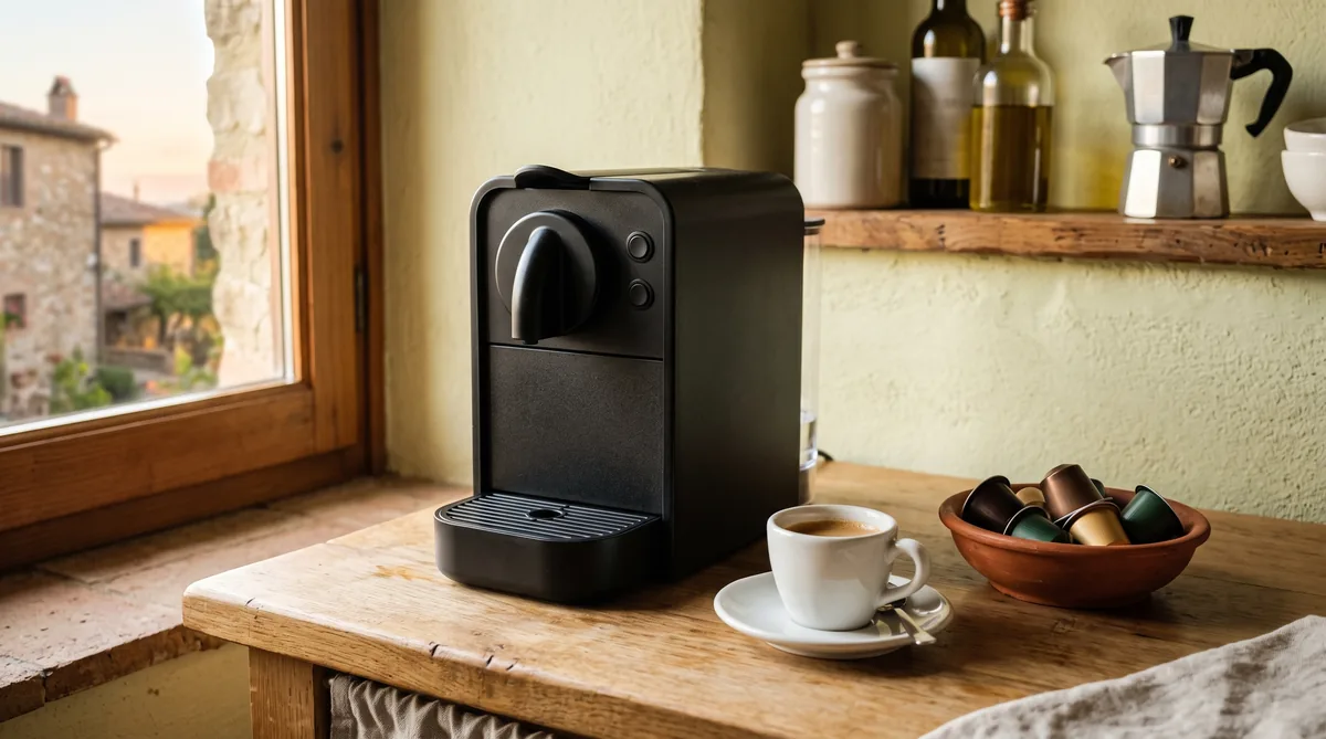 Sei macchine da caffè a capsule di sistemi diversi su un piano cucina, con capsule in alluminio e in plastica davanti