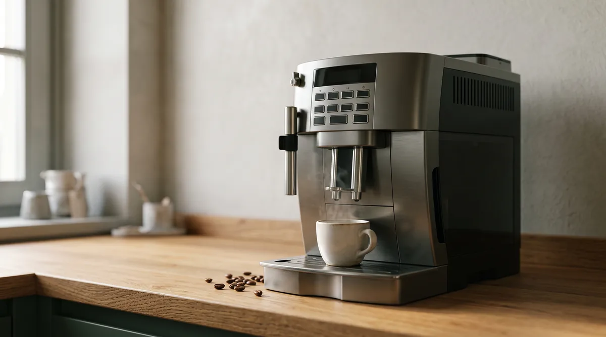 Macchina da caffè automatica in acciaio su un piano di cucina mentre eroga due espressi in tazzine bianche