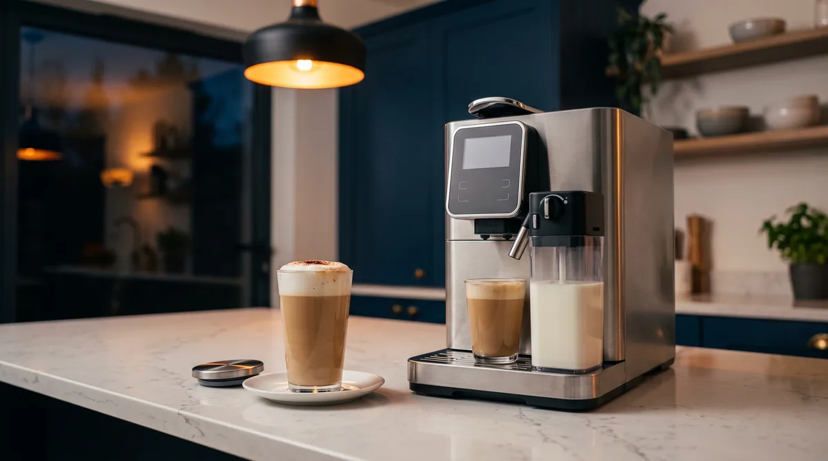 Macchina da caffè a capsule con caraffa del latte integrata che eroga un cappuccino in una tazza su un piano di cucina