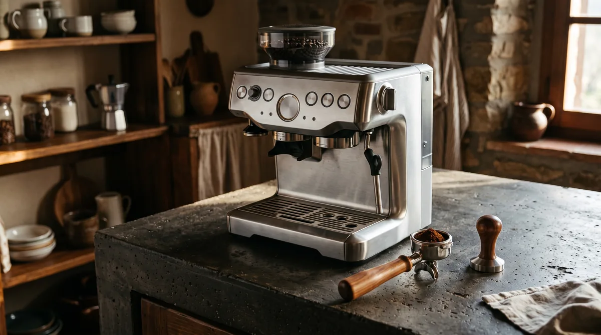 Macchina espresso con macinacaffè integrato su un piano di cucina, con il portafiltro sotto l'uscita del macinino