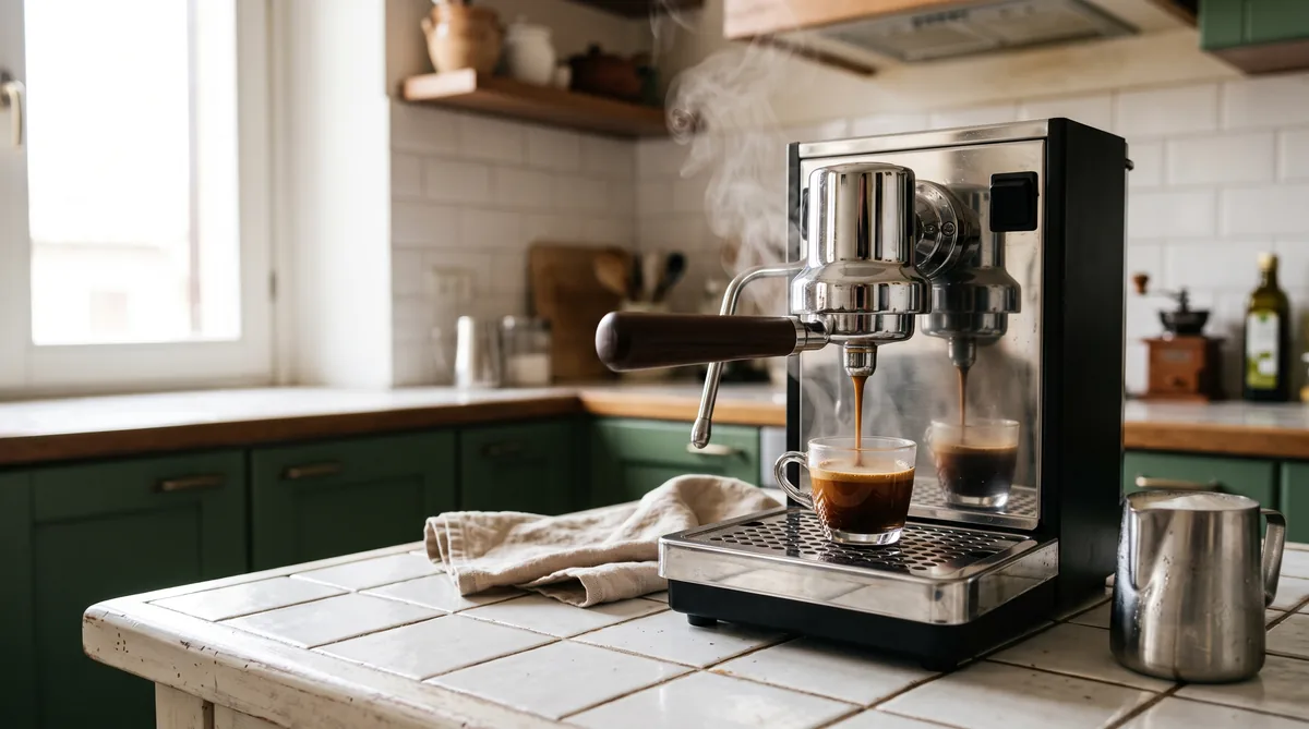 Macchina da caffè espresso manuale a portafiltro su un piano di cucina, con portafiltro sganciato e tazzina sotto il gruppo erogatore
