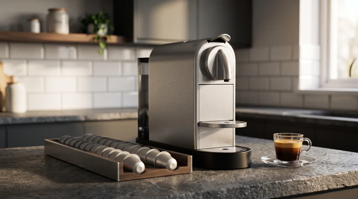 Macchina da caffè Nespresso a capsule su un piano cucina, con tazzina in erogazione e capsule in alluminio accanto