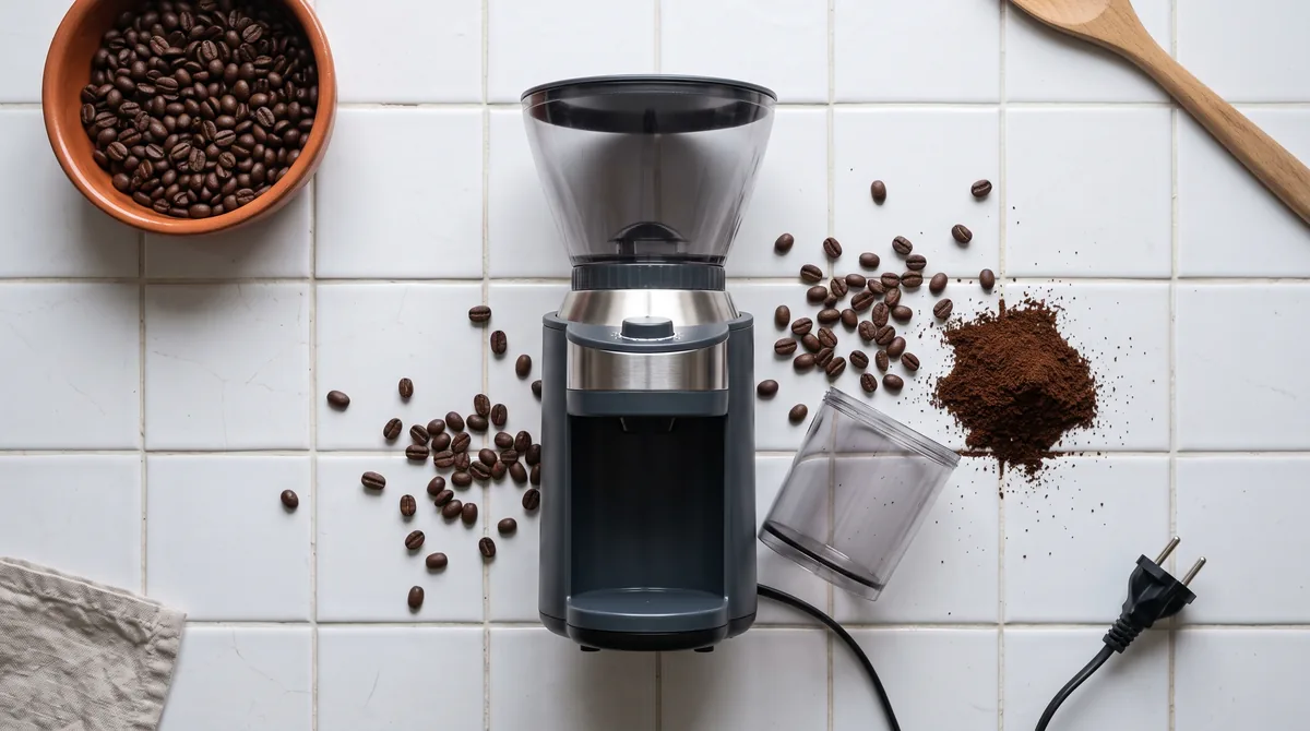 Macinacaffè elettrico a macine coniche in acciaio su un piano di cucina, con chicchi e caffè appena macinato